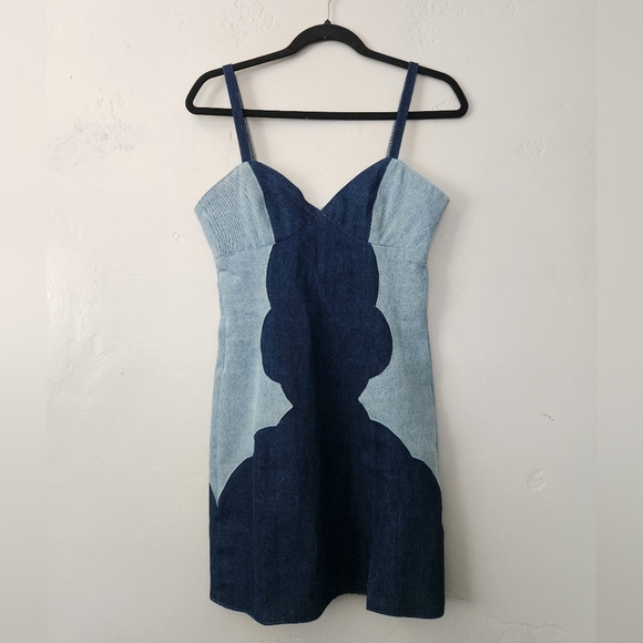 Understated Leather Cotton Denim Two Tone Back Zip Mini Dress XS - Picture 1 of 7